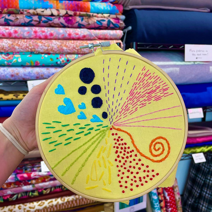 Embroidery hoop with colourful embroidery patterns held in front of fabric rolls to demonstrate an embroidery workshop in York