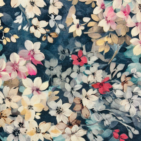 Blue Grey Floral Cotton Lawn Fabric