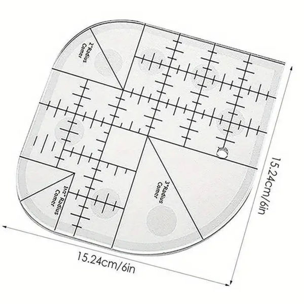 Clear quarter round template with measurement details on a white background