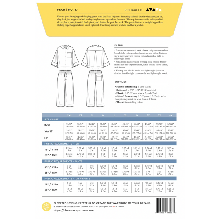 Fran Pyjamas Sewing Pattern - Closet Core Patterns - back cover