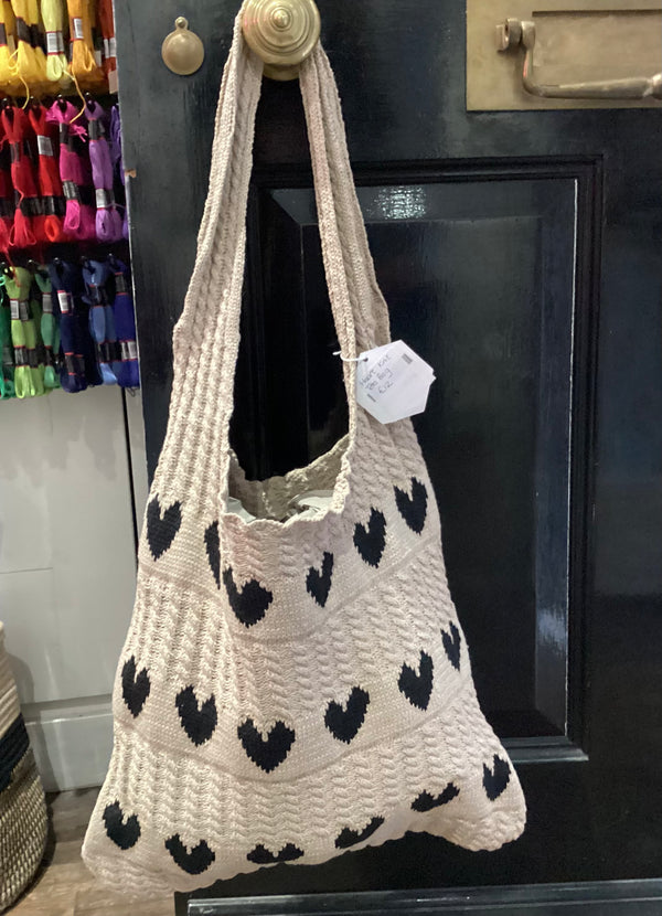 Beige Black Heart Knit Tote Bag