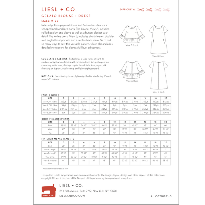 Gelato Blouse + Dress - Liesl + Co - Pattern Back Cover