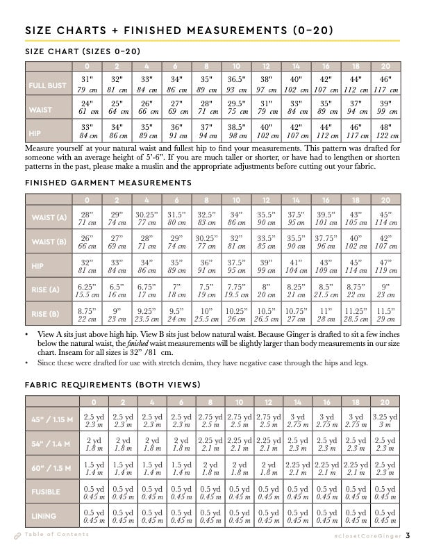 Ginger Jeans Sewing Pattern - Sizing