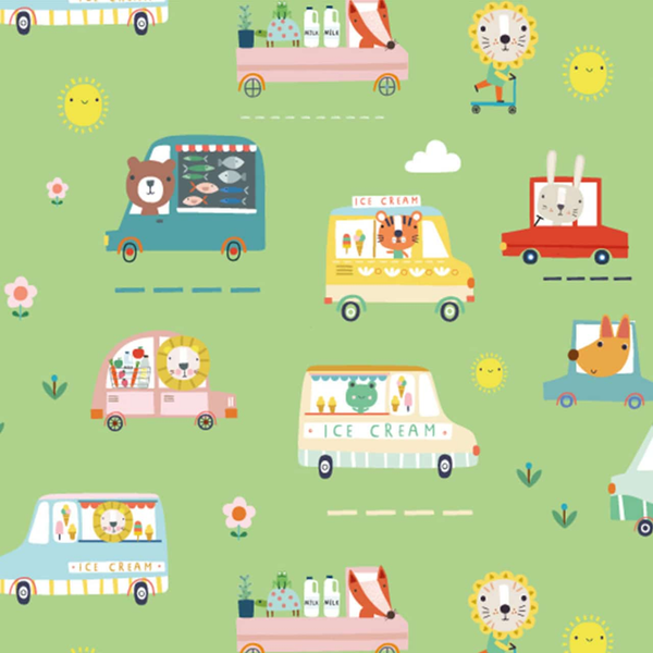 Green Ice Cream Vans Summer Fun Cotton Fabric - Dashwood Studio