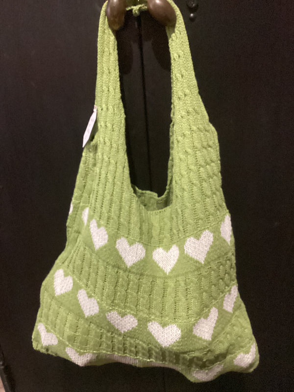 Green White Heart Knit Tote Bag
