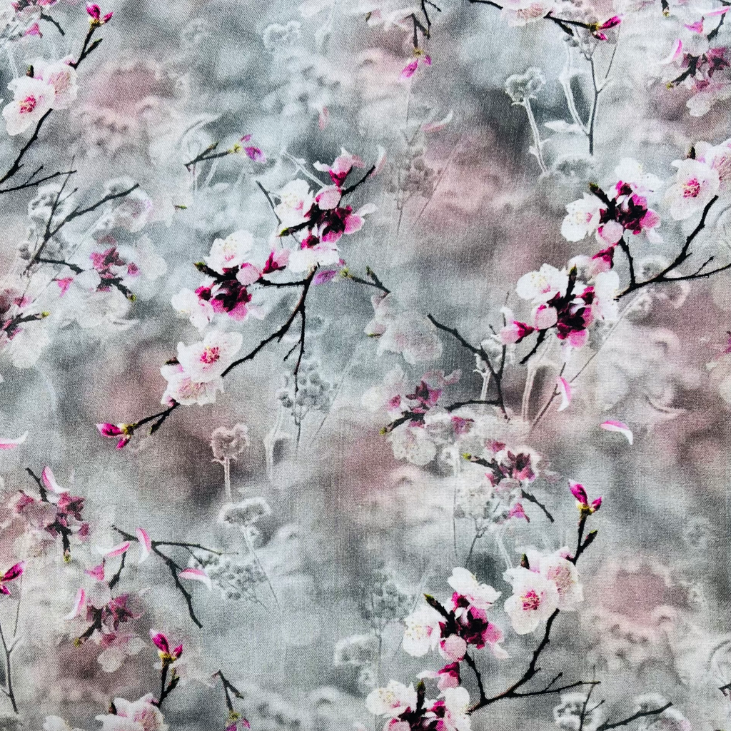 Grey Floral Blossom Viscose Fabric
