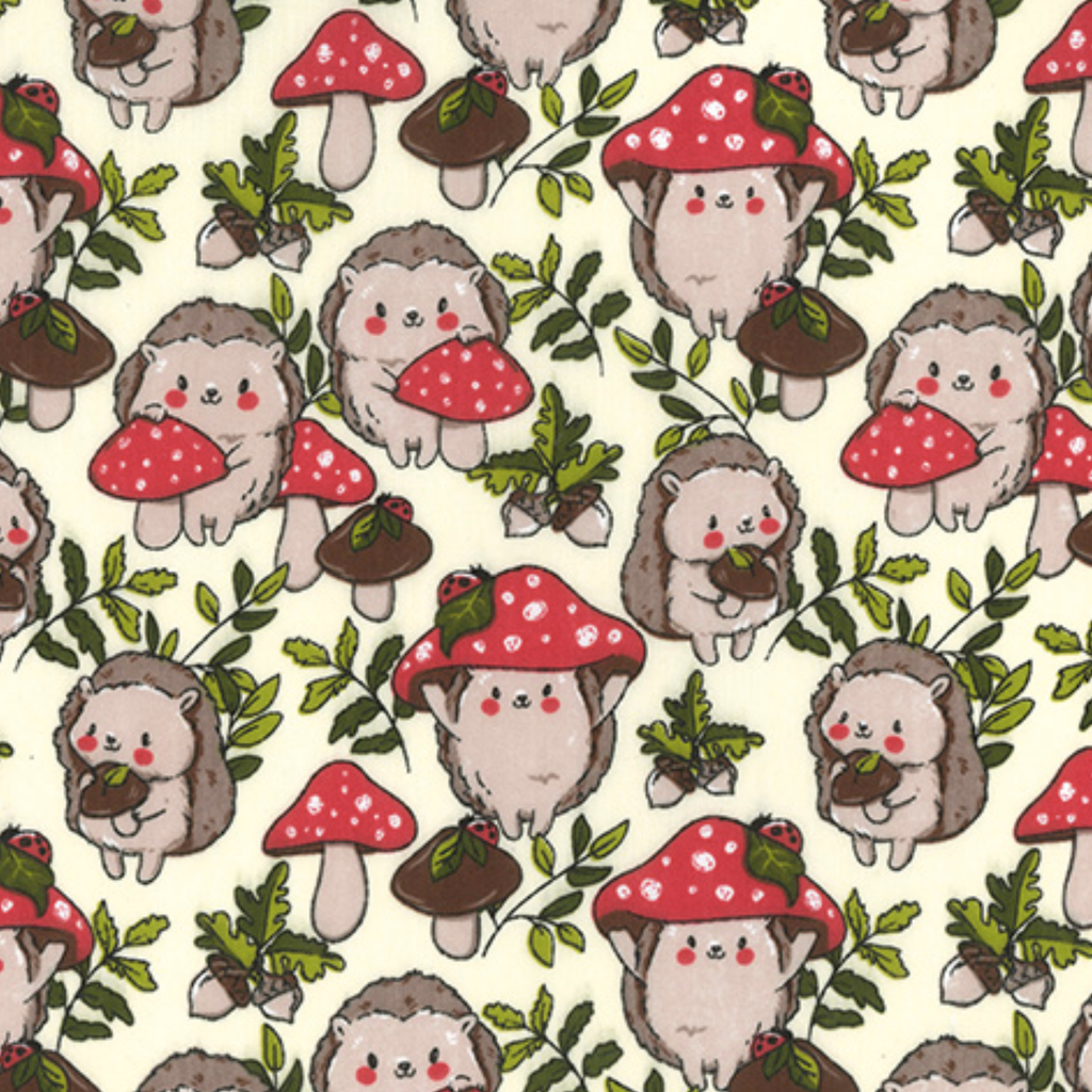 Hedgehog Toadstool on Cream Polycotton Fabric