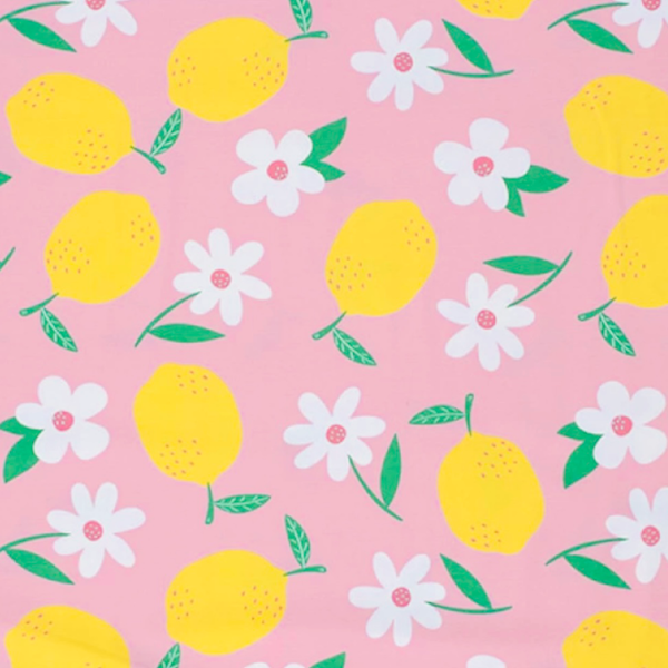 Lemons on Pink Cotton Jersey Fabric