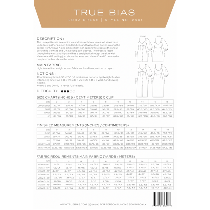 Lora Dress Sewing Pattern Size 0-18 - True Bias (back cover)
