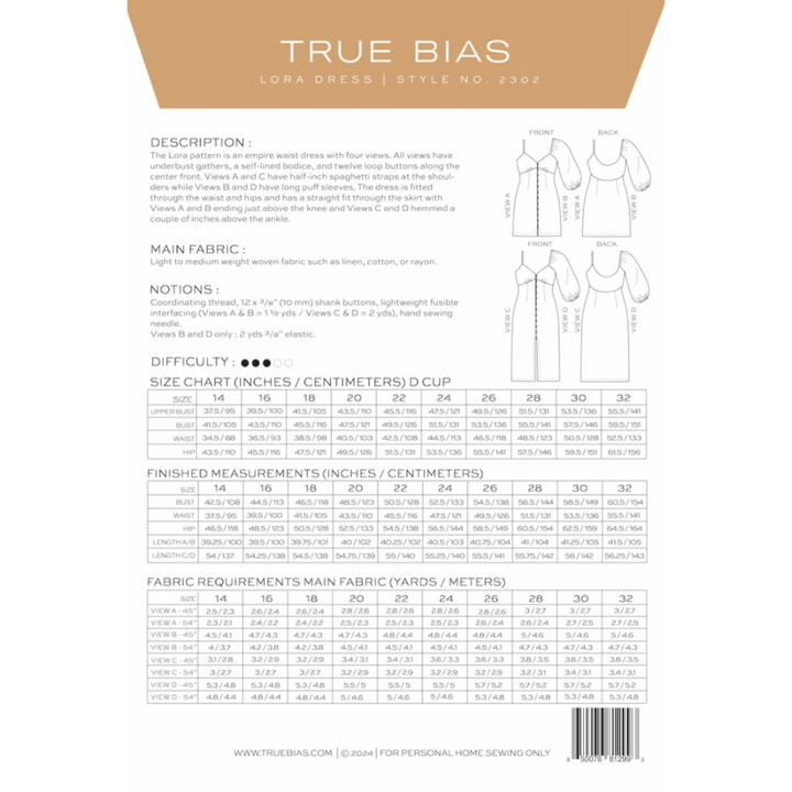 Lora Dress Sewing Pattern Size 14-32 - True Bias - back cover
