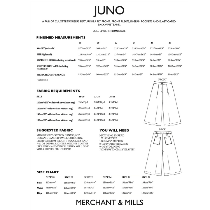 Merchant & Mills Juno Culottes Measurements