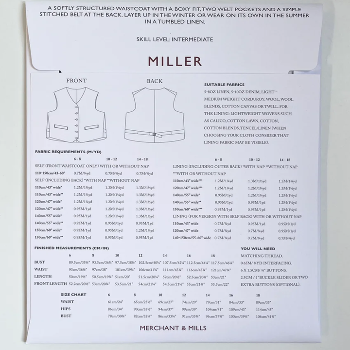 Miller Pattern - Back Cover & Measurements
