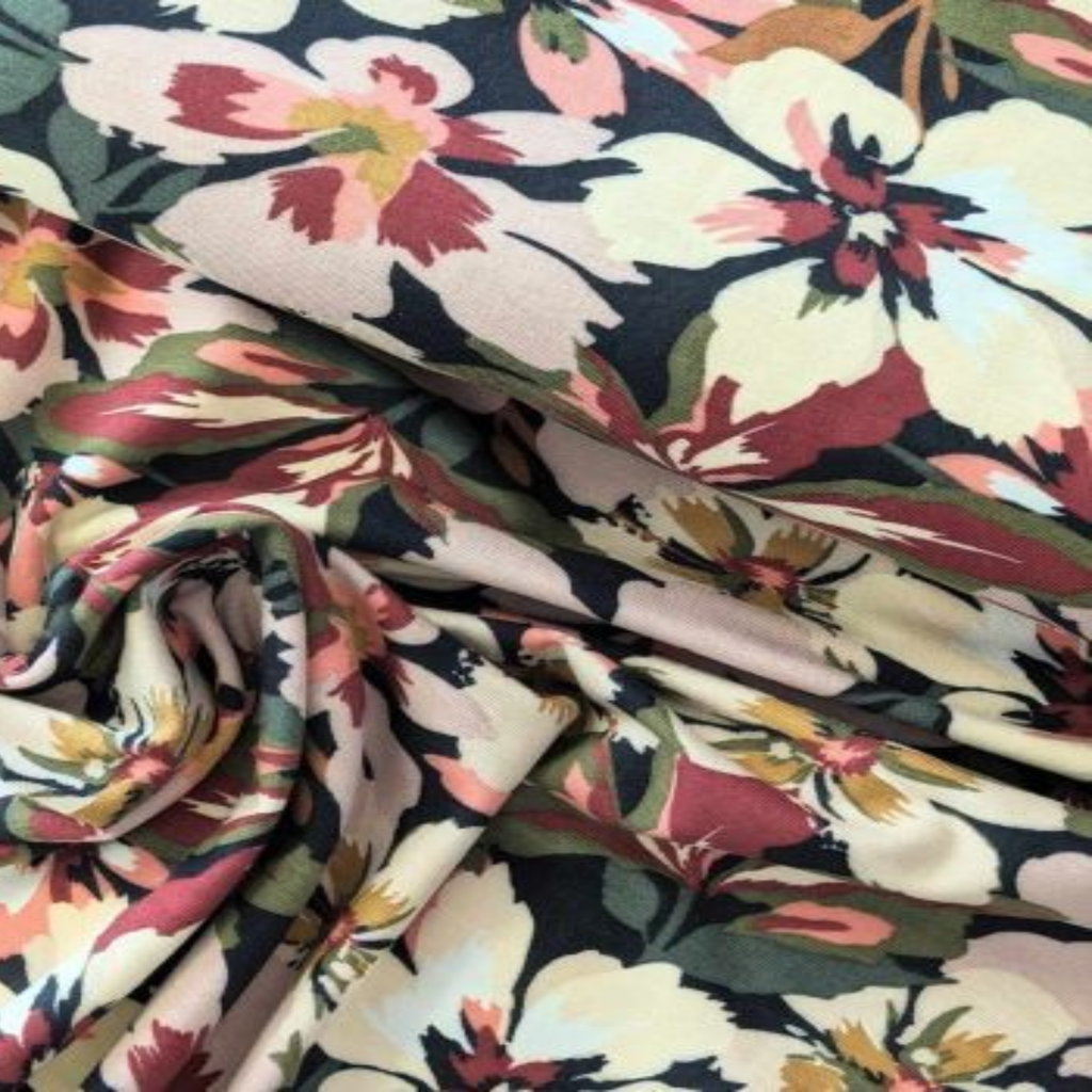 Rose Cream and Green Floral Modal Cotton Jersey Fabric