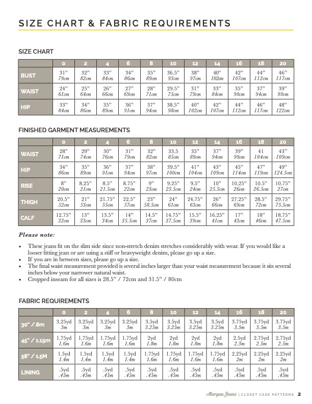 Morgan Jeans Sewing Pattern - Closet Core - Sizing Chart