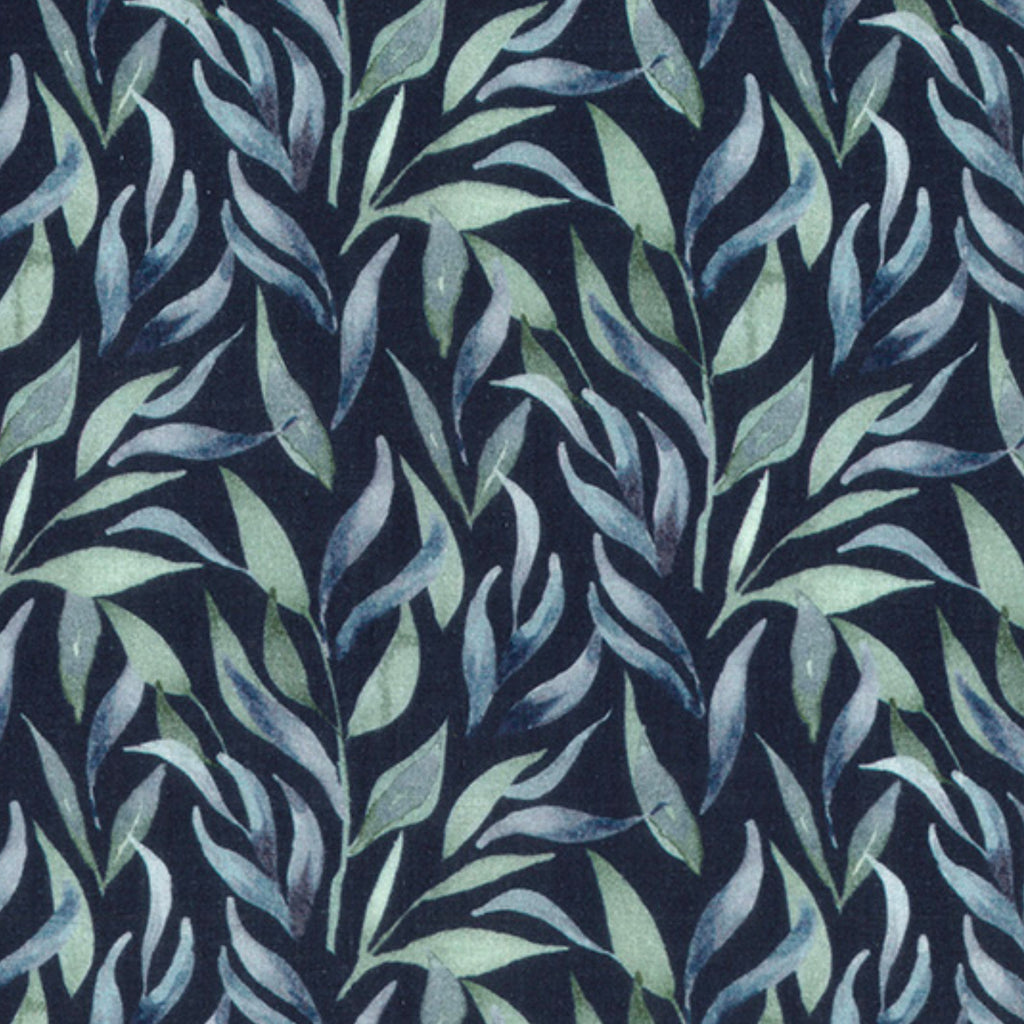Navy And Green Leaf Print Double Gauze Fabric