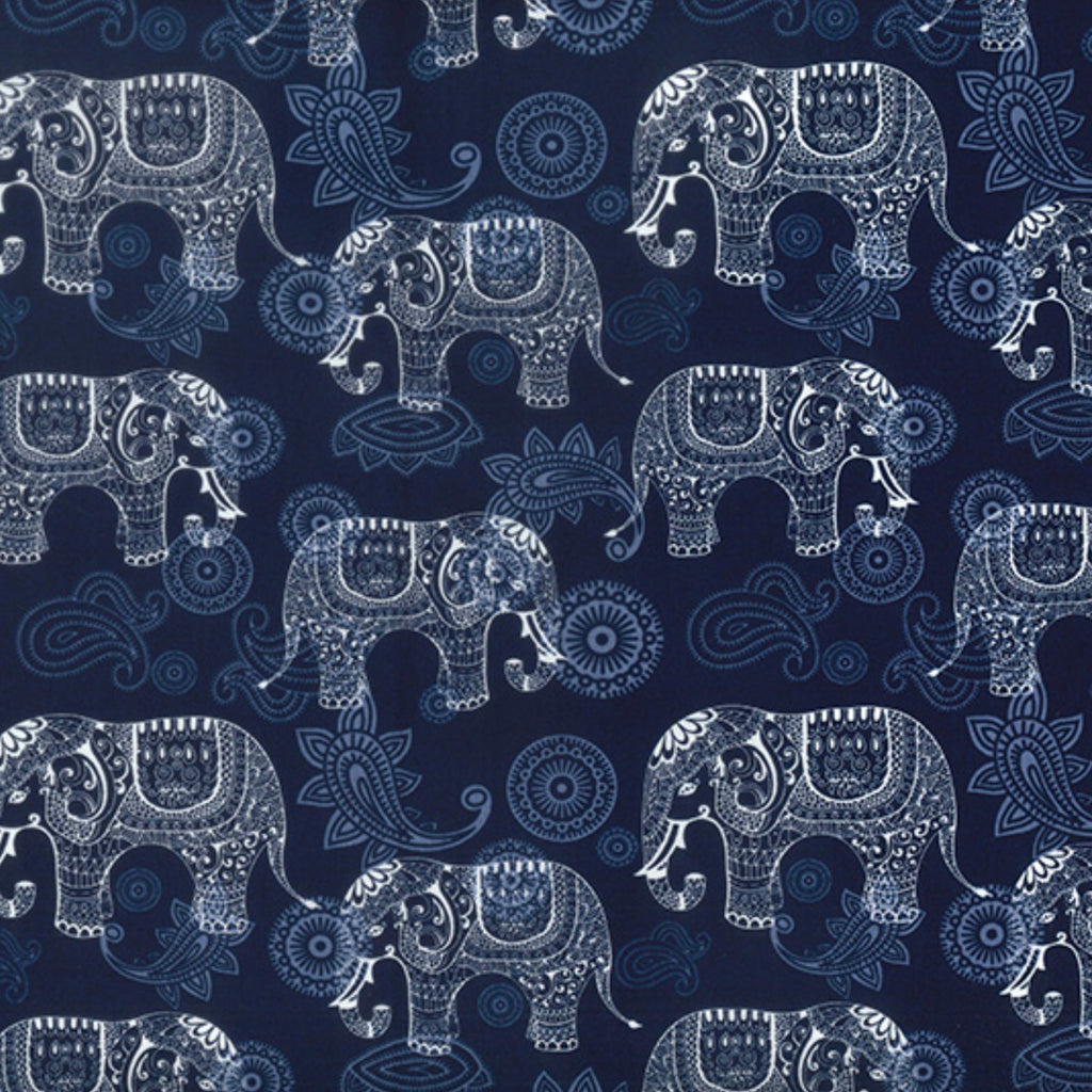 Navy Elephant Cotton Poplin Fabric