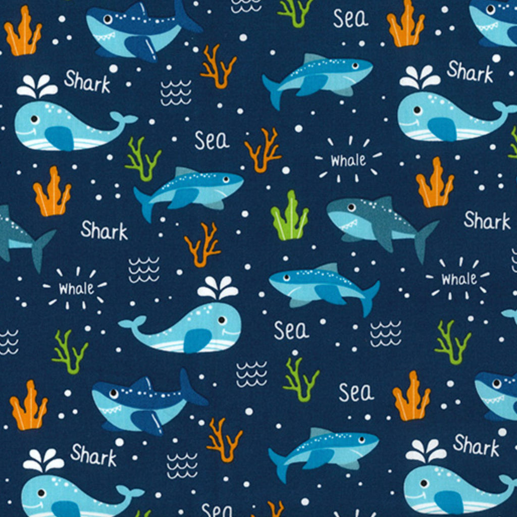 Navy Shark & Whale Cotton Poplin Fabric