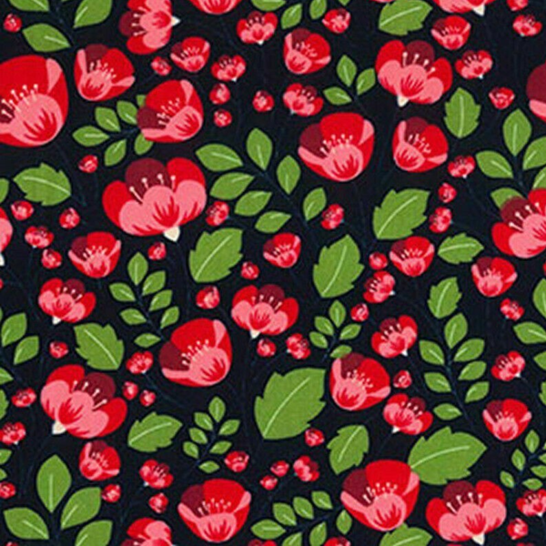 Navy, Red and Green Poppy Cotton Poplin Fabric