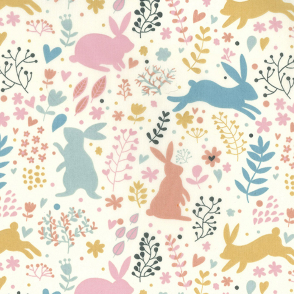 Pastel Rabbit Woodland on Cream Polycotton Fabric