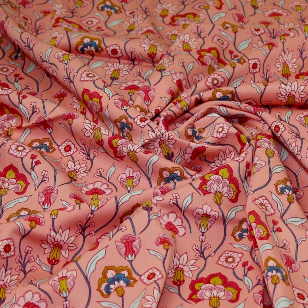 Pink Floral Stretch Woven Viscose Fabric