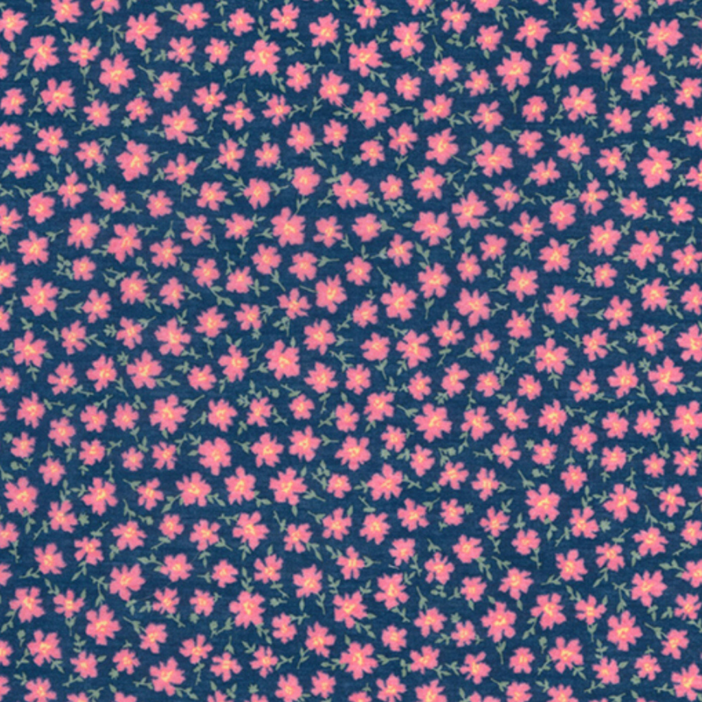 Pink Floral on Navy Polycotton Fabric