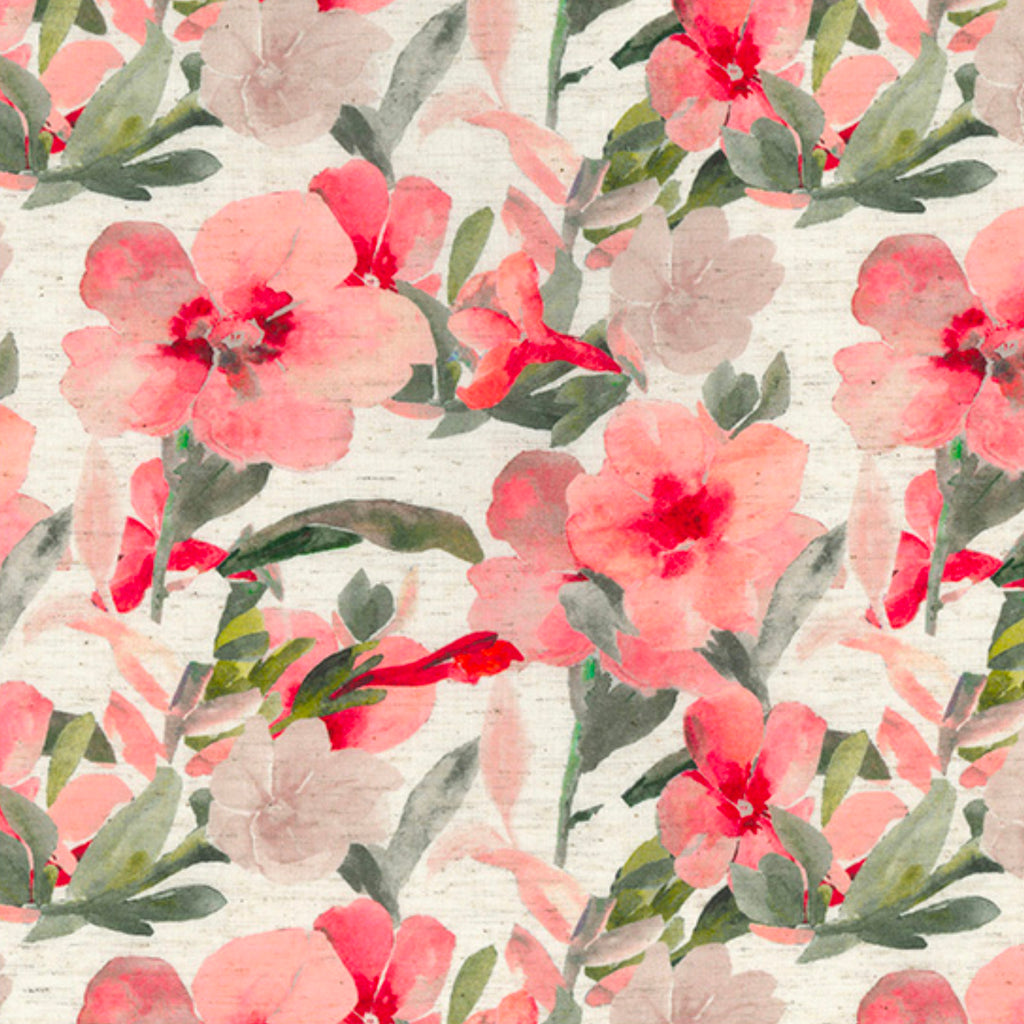 Pink Floral Viscose Flax Fabric