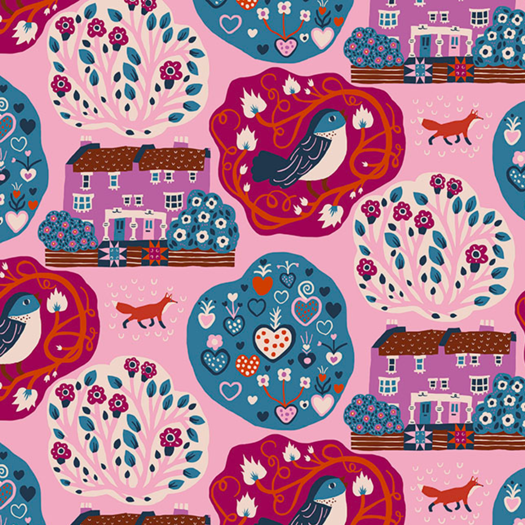Pink House and Bird Cotton Fabric