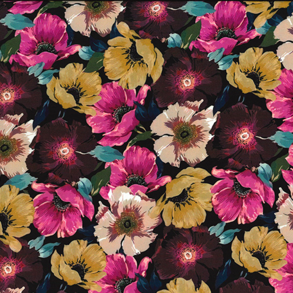 Pink Yellow & Black Multi Floral Viscose Fabric
