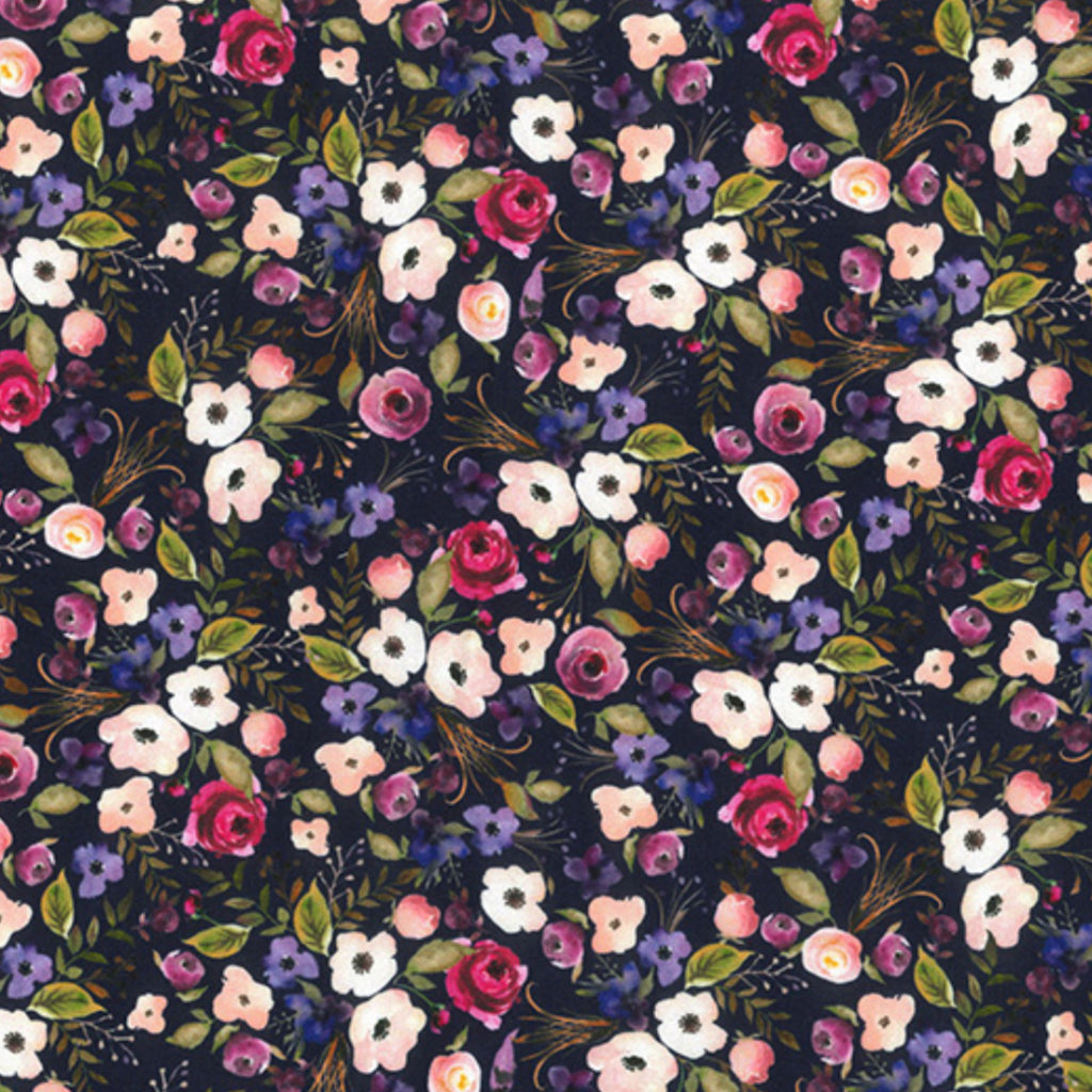 Pink and Lavender on Navy Cotton Fabric