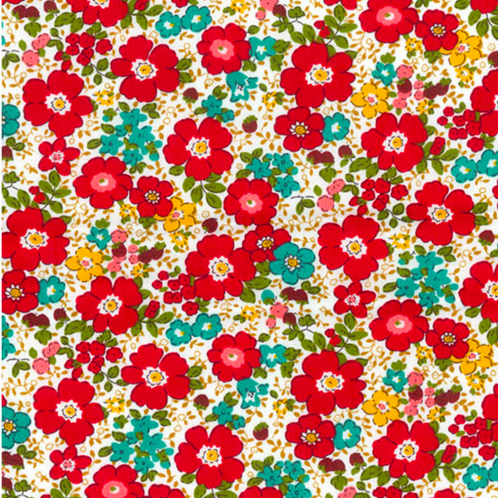 Red and Aqua Floral Cotton Poplin Fabric