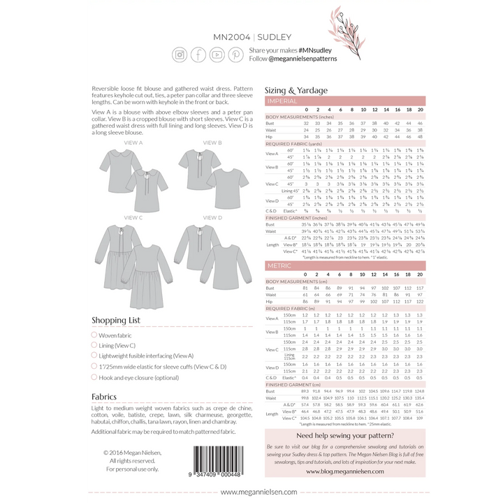 Sudley Blouse & Dress Sewing Pattern Back Cover