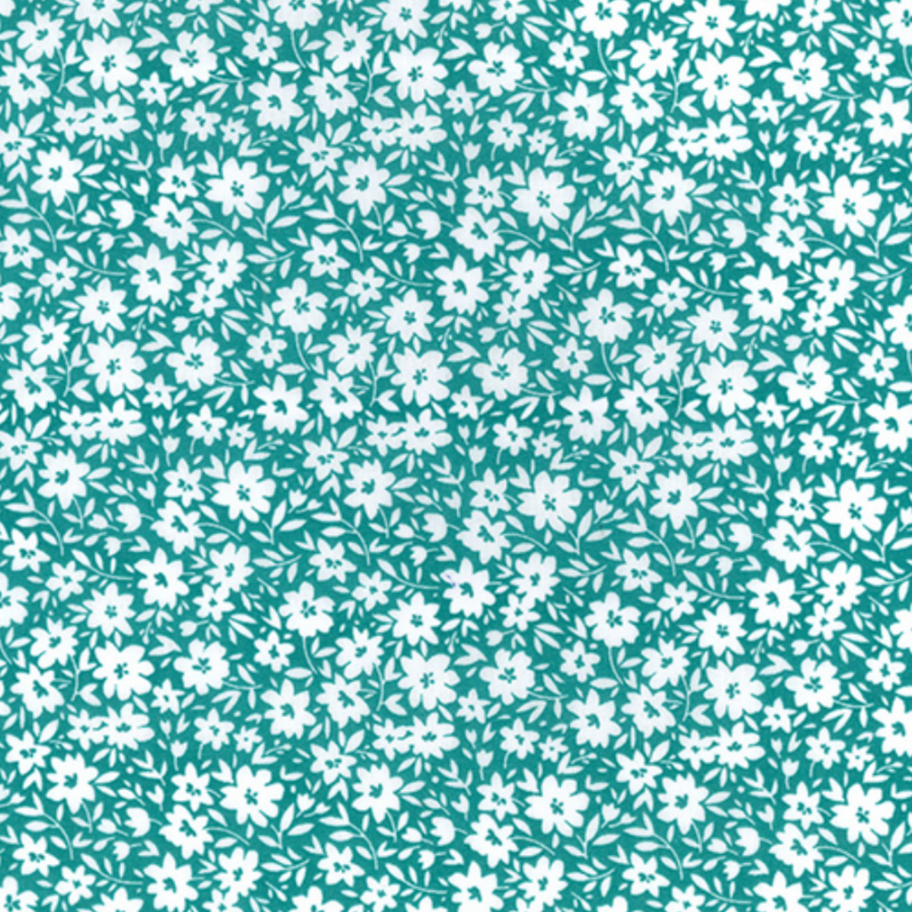 Teal and White Floral Polycotton Fabric