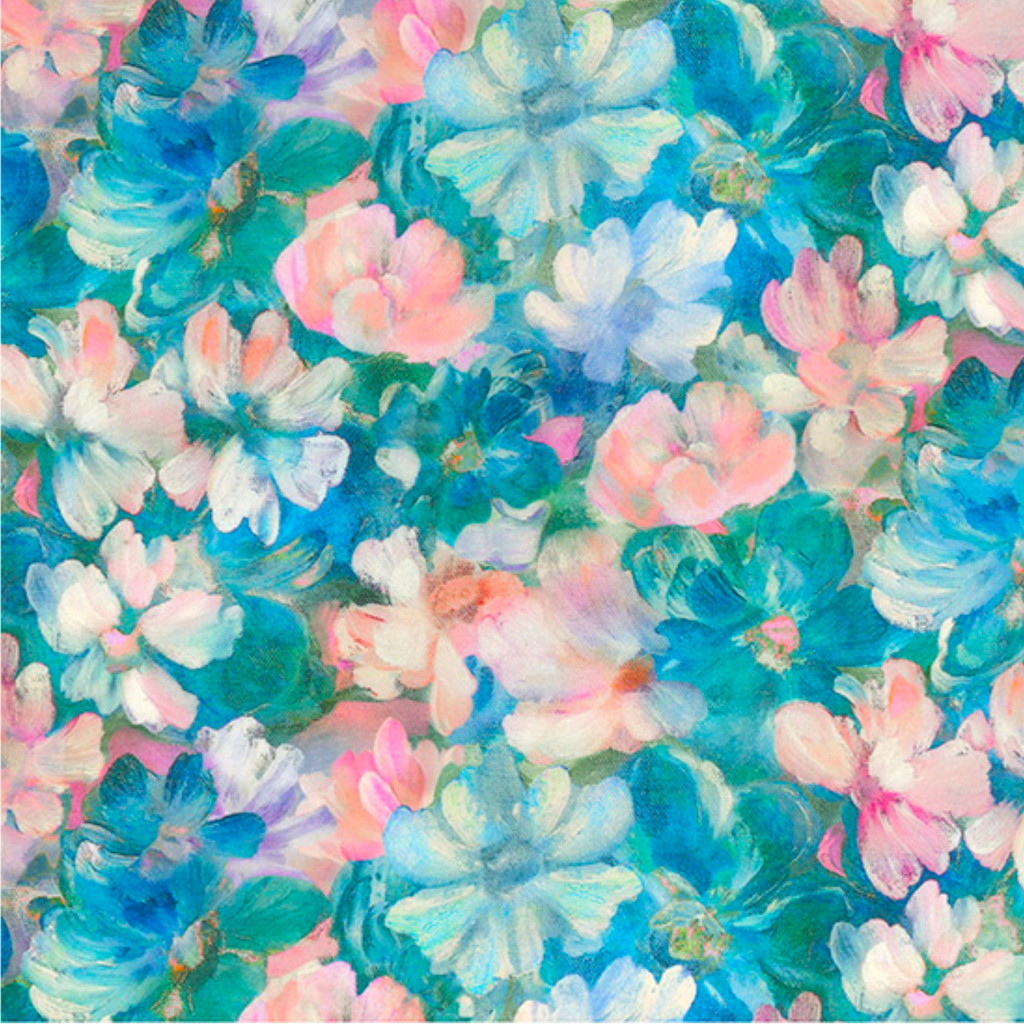 Teal Floral Cotton Lawn Fabric