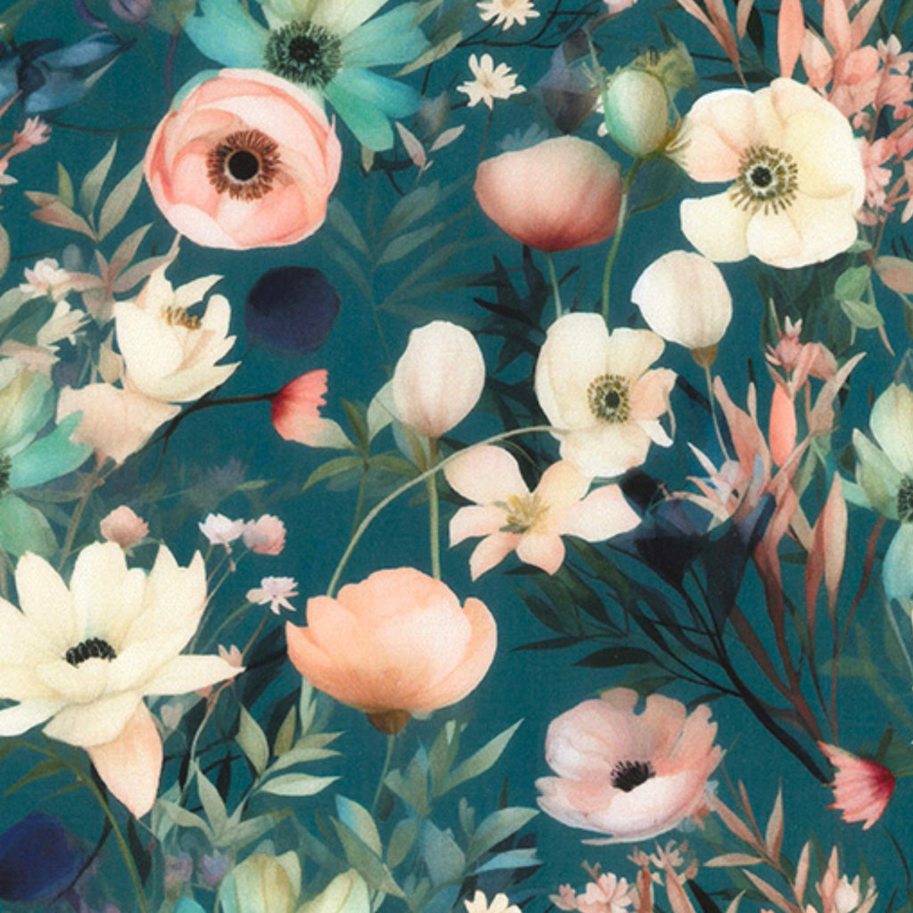 Teal Floral Viscose Fabric