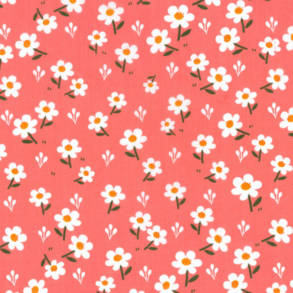 White Daisies on Pink Polycotton Fabric