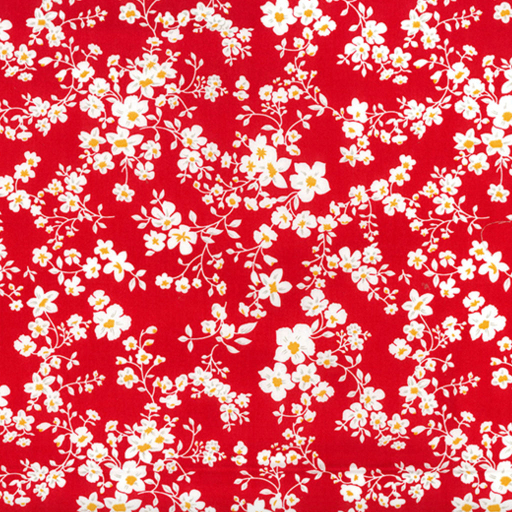 White Floral on Red Cotton Poplin Fabric