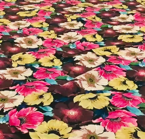 Pink Yellow & Black Multi Floral Viscose Fabric