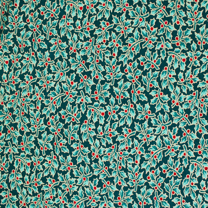 Green Holly Berry Metallic Christmas Cotton Fabric