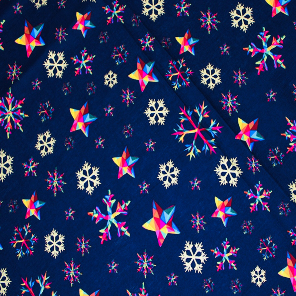 Navy Blue Rainbow Snowflake Christmas Cotton Fabric