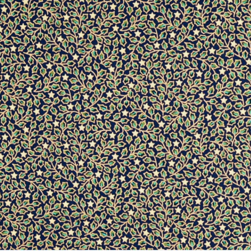 Navy Star Christmas Holly Metallic Cotton Fabric