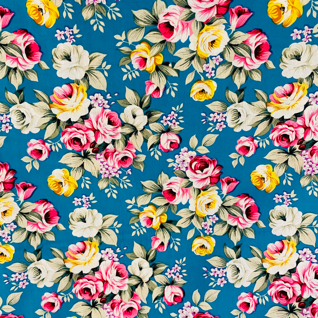 Peacock Blue Floral Cotton Fabric