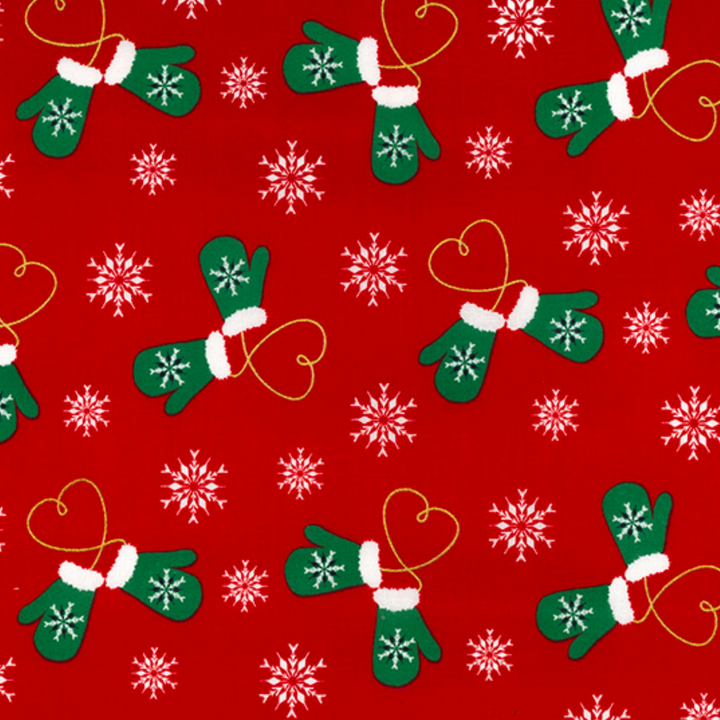 Red Christmas Mittens Cotton Fabric