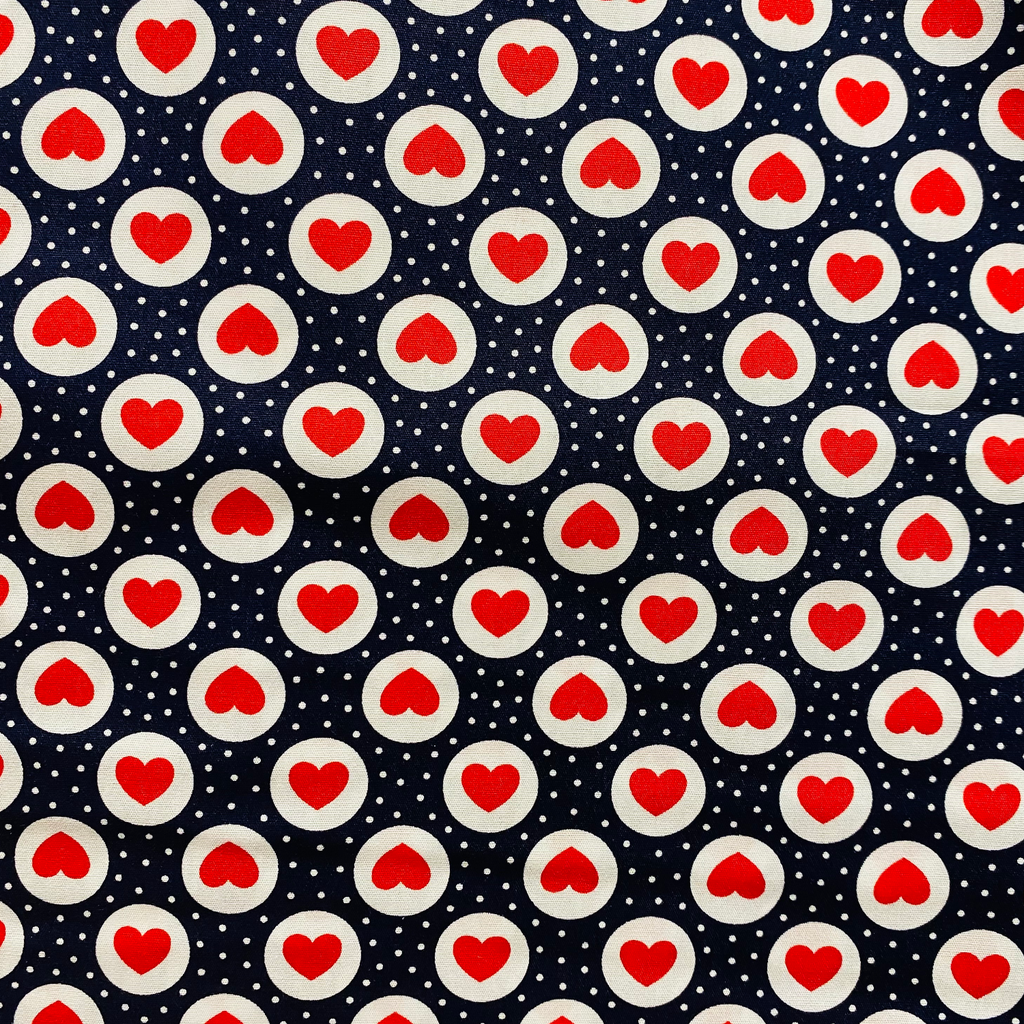 Red Hearts on Navy Blue Polkadot Cotton Poplin Fabric