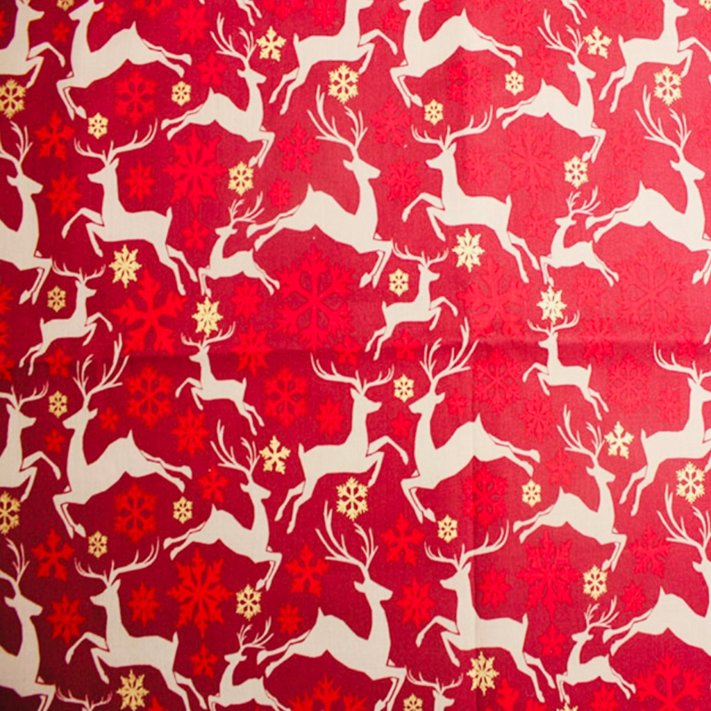 Red Reindeer Metallic Cotton Fabric