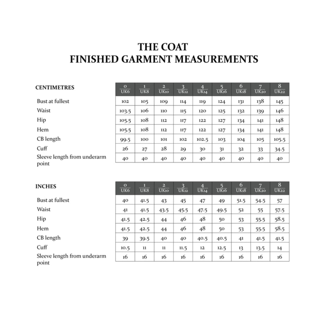 The Coat Sewing Pattern-Final Garment Measurements