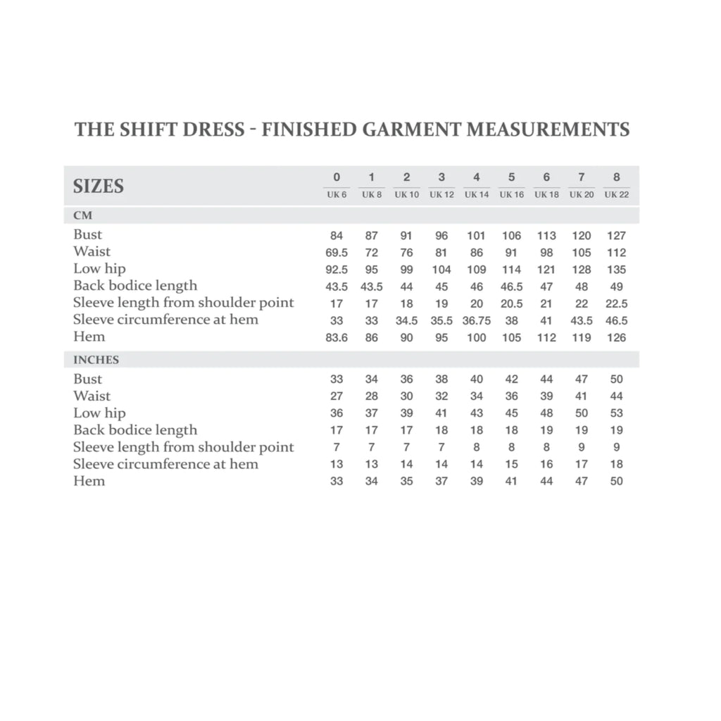 The Shift Dress Sewing Dress - Finished Garment Measurements