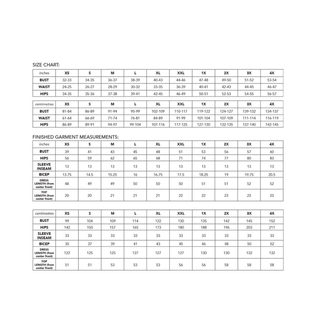 The Wilder Gown Sizing Chart